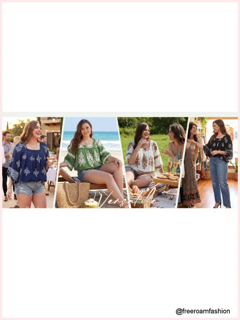 Plus Size Boho Peasant Blouse Square Neck 3/4 Sleeve Chiffon Tunic Top